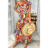 Allover Print One Shoulder Ruffle Belt Jumpsuit - MVTFASHION.COM
