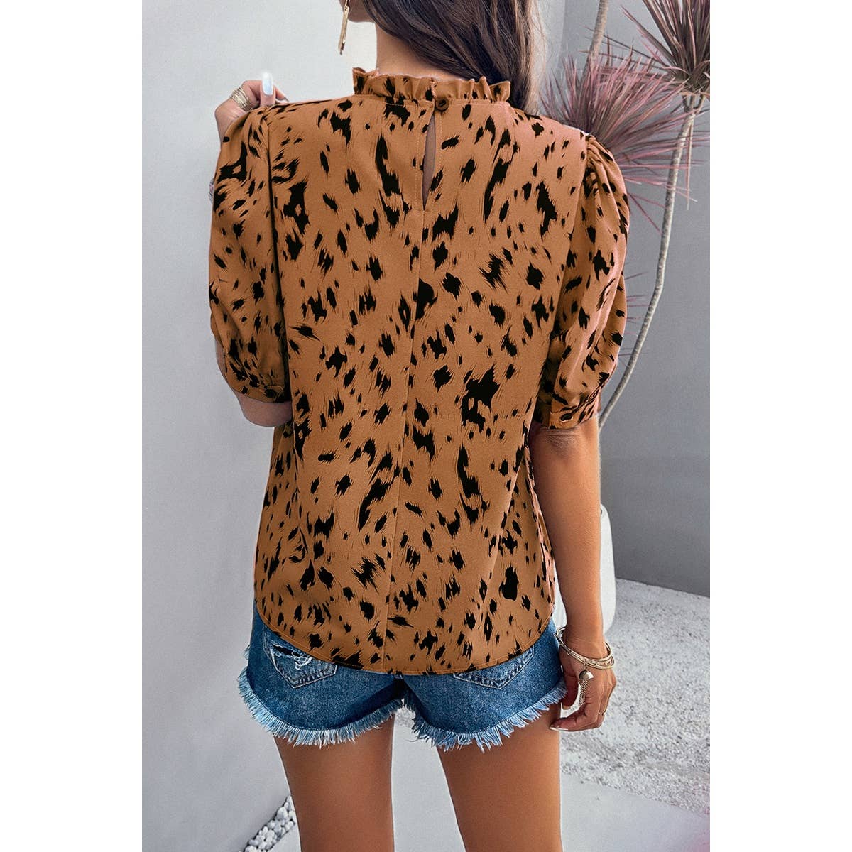 Allover Print Puff Sleeves Ruched Loose Blouse - MVTFASHION.COM