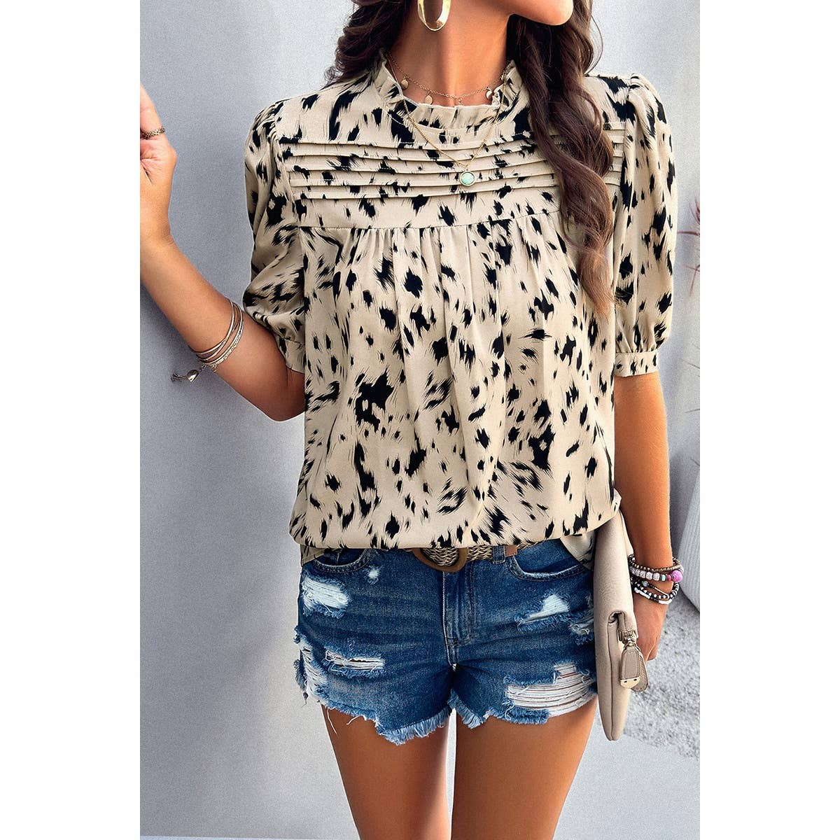 Allover Print Puff Sleeves Ruched Loose Blouse - MVTFASHION.COM