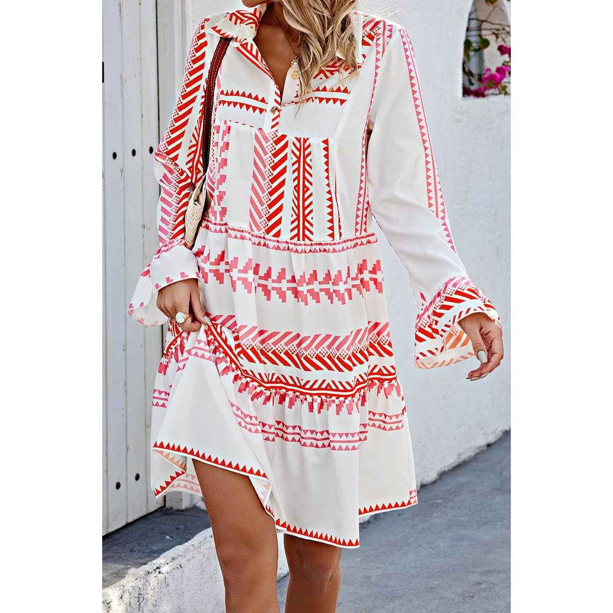 Allover Print Ruffle Button Tirm Loose Dress - MVTFASHION.COM