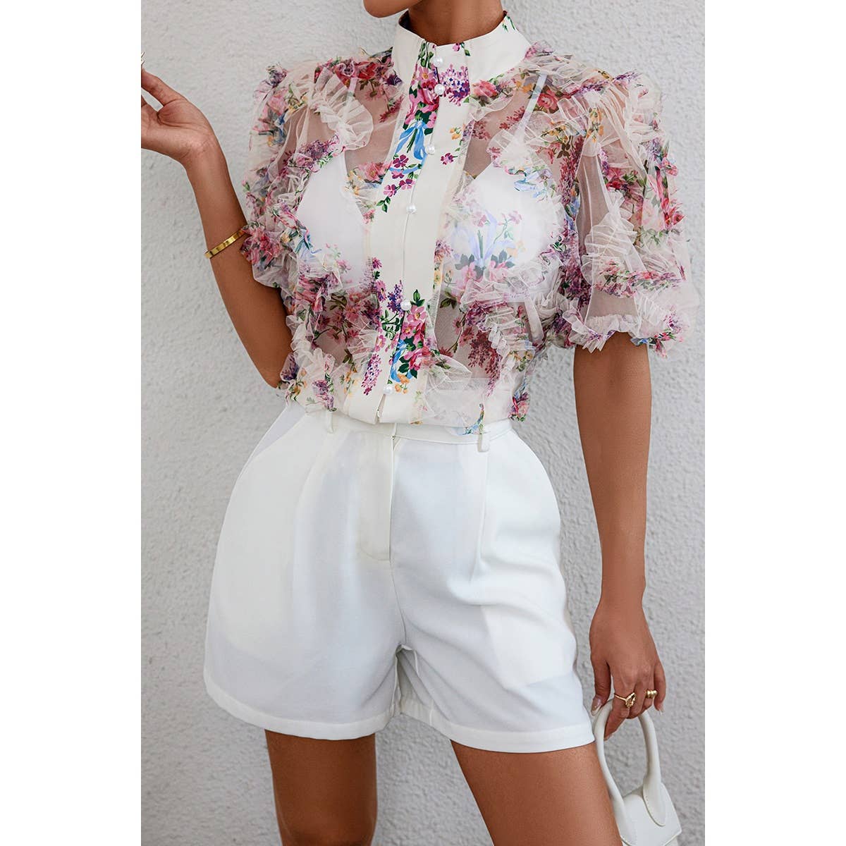 Allover Print See Through Collar Puff Sleeve Shirt - MVTFASHION.COM