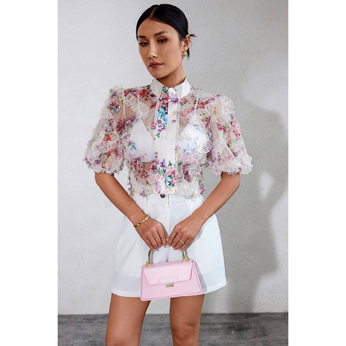 Allover Print See Through Collar Puff Sleeve Shirt - MVTFASHION.COM