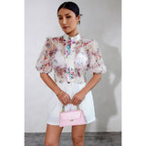 Allover Print See Through Collar Puff Sleeve Shirt - MVTFASHION.COM
