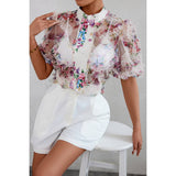 Allover Print See Through Collar Puff Sleeve Shirt - MVTFASHION.COM