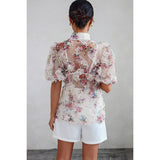 Allover Print See Through Collar Puff Sleeve Shirt - MVTFASHION.COM