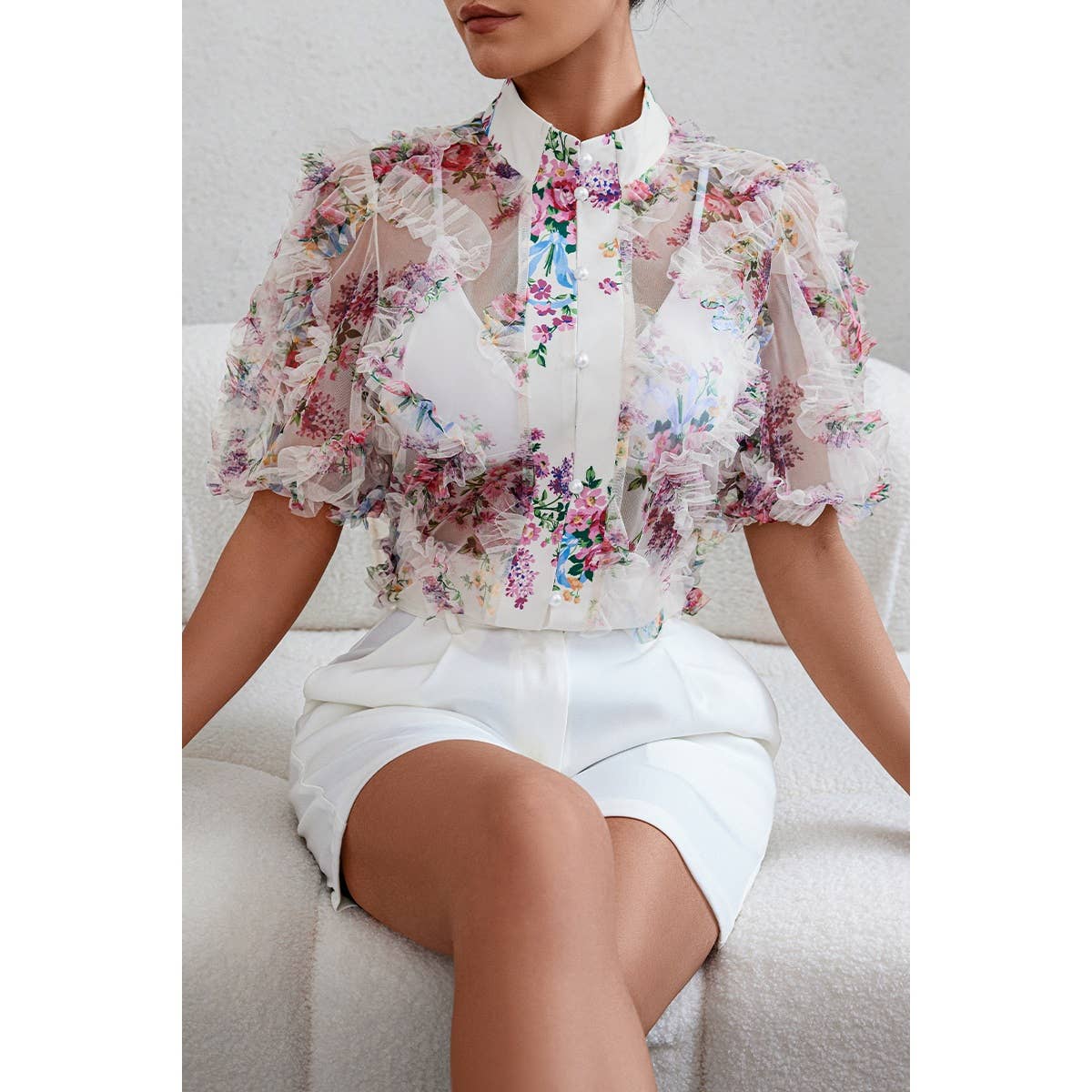 Allover Print See Through Collar Puff Sleeve Shirt - MVTFASHION.COM