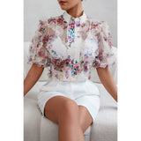 Allover Print See Through Collar Puff Sleeve Shirt - MVTFASHION.COM