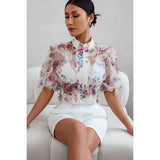 Allover Print See Through Collar Puff Sleeve Shirt - MVTFASHION.COM