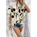 Allover Print Side Knot Short Sleeves Fit Blouse - MVTFASHION.COM