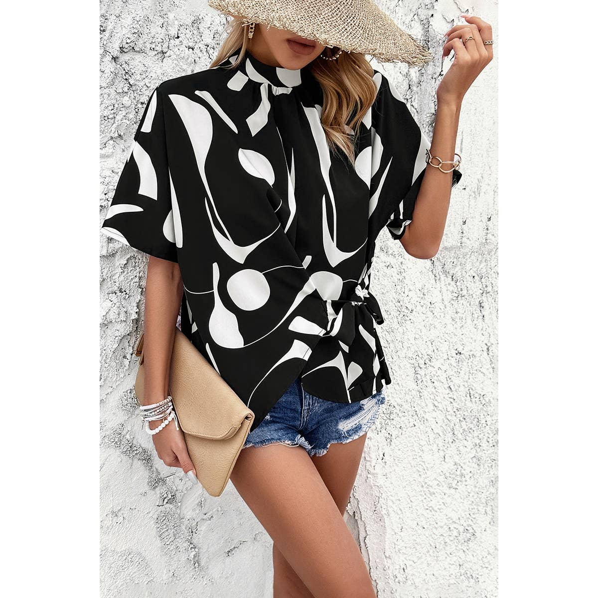 Allover Print Side Knot Short Sleeves Fit Blouse - MVTFASHION.COM