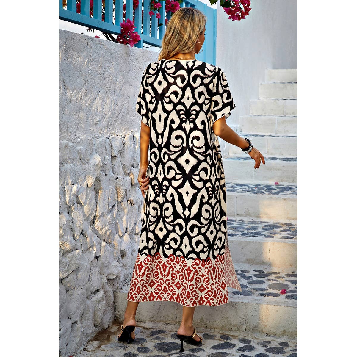 Allover Print Side Open Bat Sleeves Loose Dress - MVTFASHION.COM