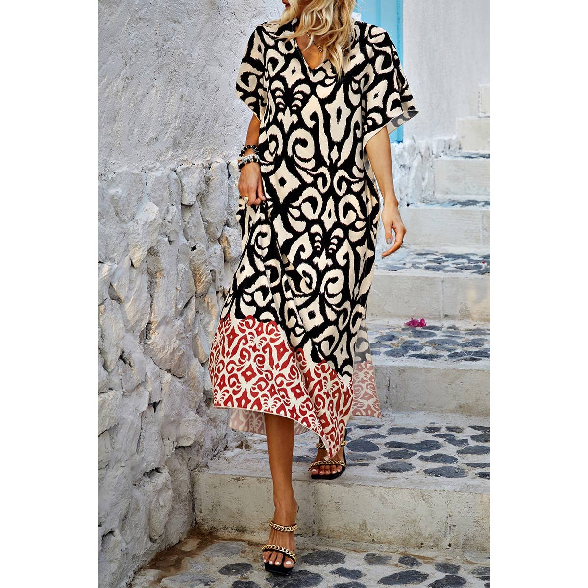 Allover Print Side Open Bat Sleeves Loose Dress - MVTFASHION.COM