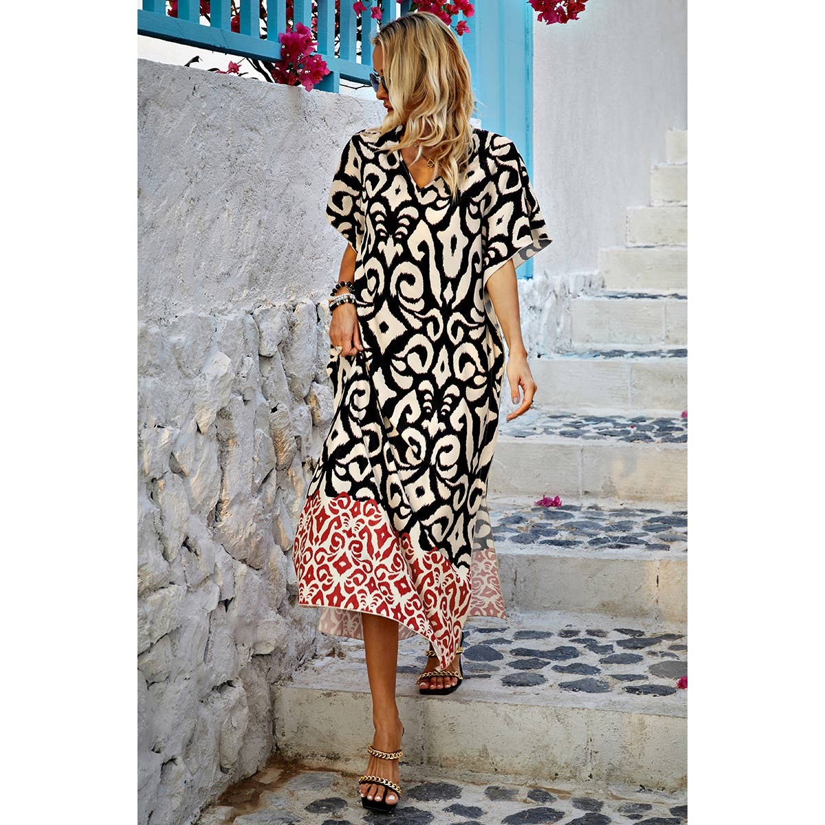 Allover Print Side Open Bat Sleeves Loose Dress - MVTFASHION.COM