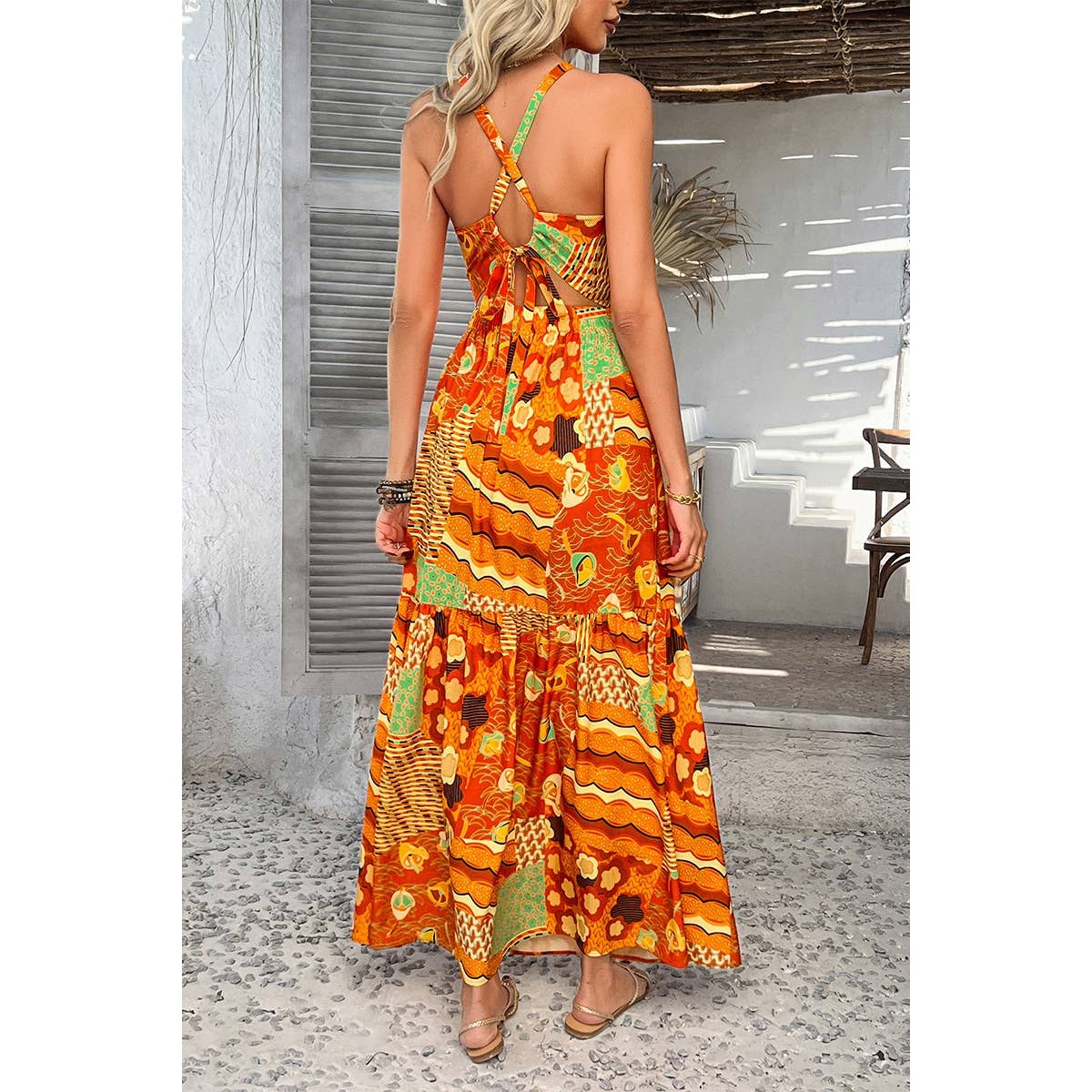 Allover Print Sleeveless Cross Back Cut Out Dress - MVTFASHION.COM