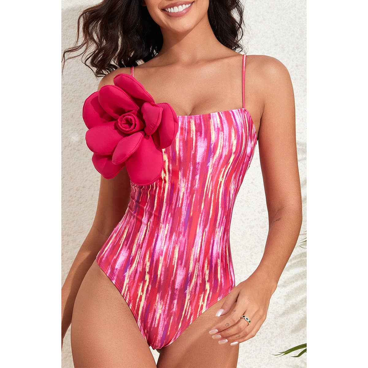 Allover Print Square Neck Floral Trim Swimsuit - MVTFASHION.COM