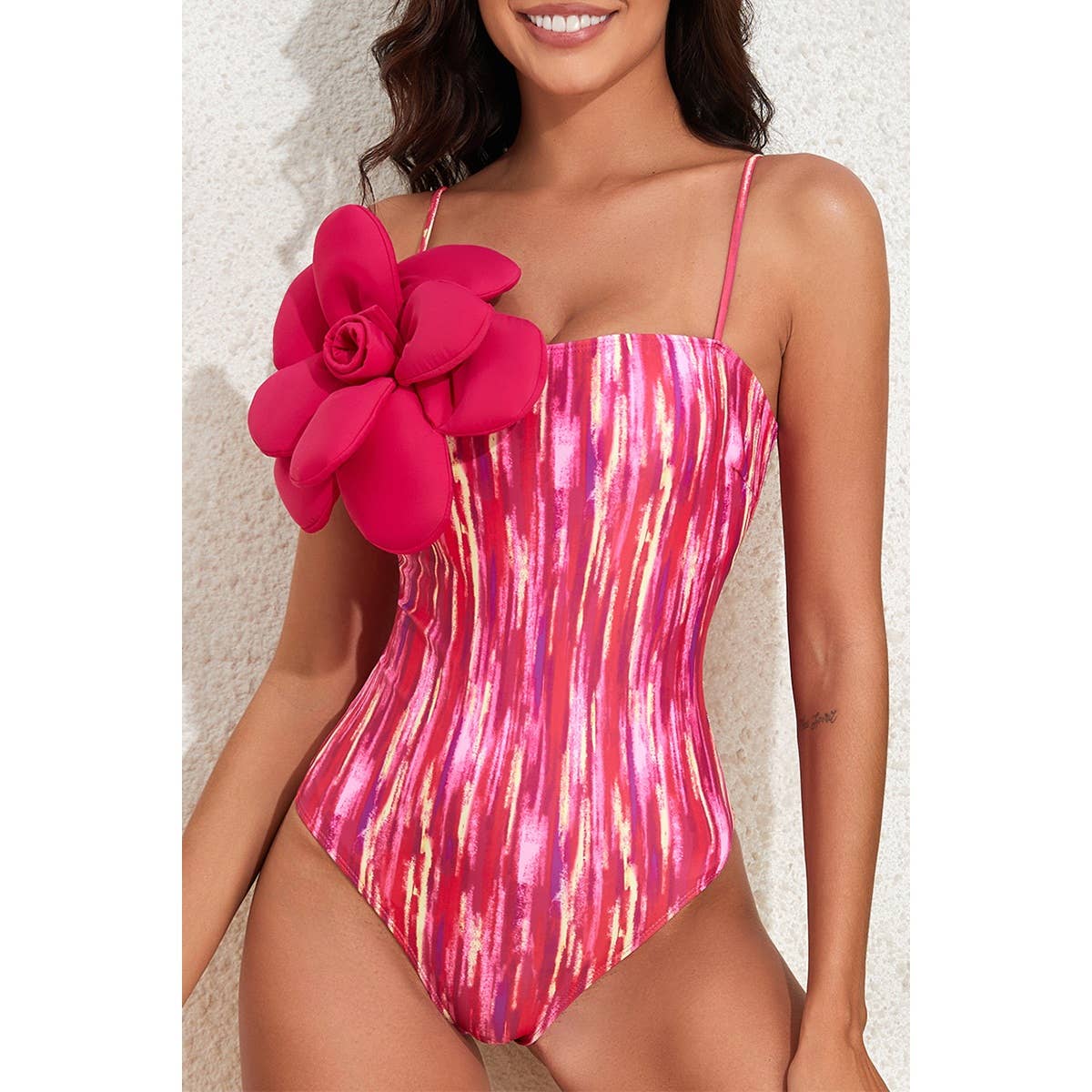 Allover Print Square Neck Floral Trim Swimsuit - MVTFASHION.COM