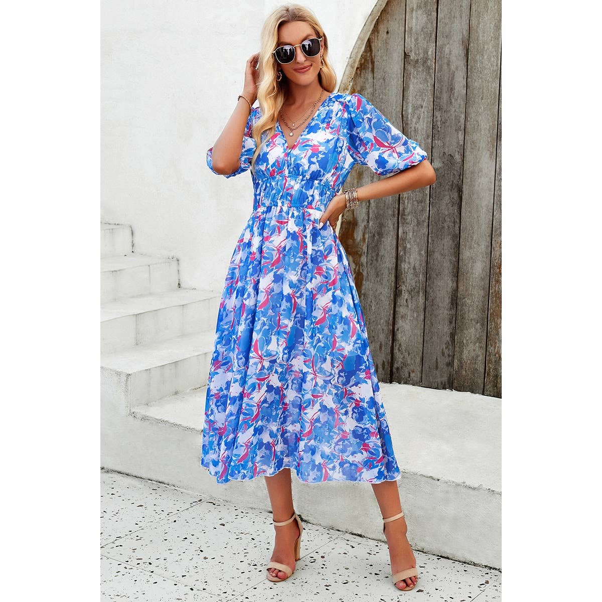 Allover Print V Neck Elastic Waist Lined Dress - MVTFASHION.COM