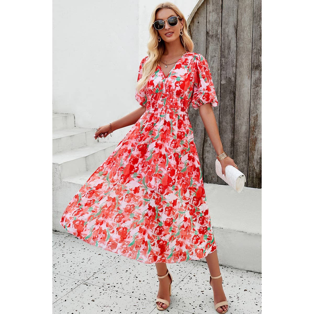 Allover Print V Neck Elastic Waist Lined Dress - MVTFASHION.COM