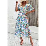 Allover Print V Neck Elastic Waist Lined Dress - MVTFASHION.COM