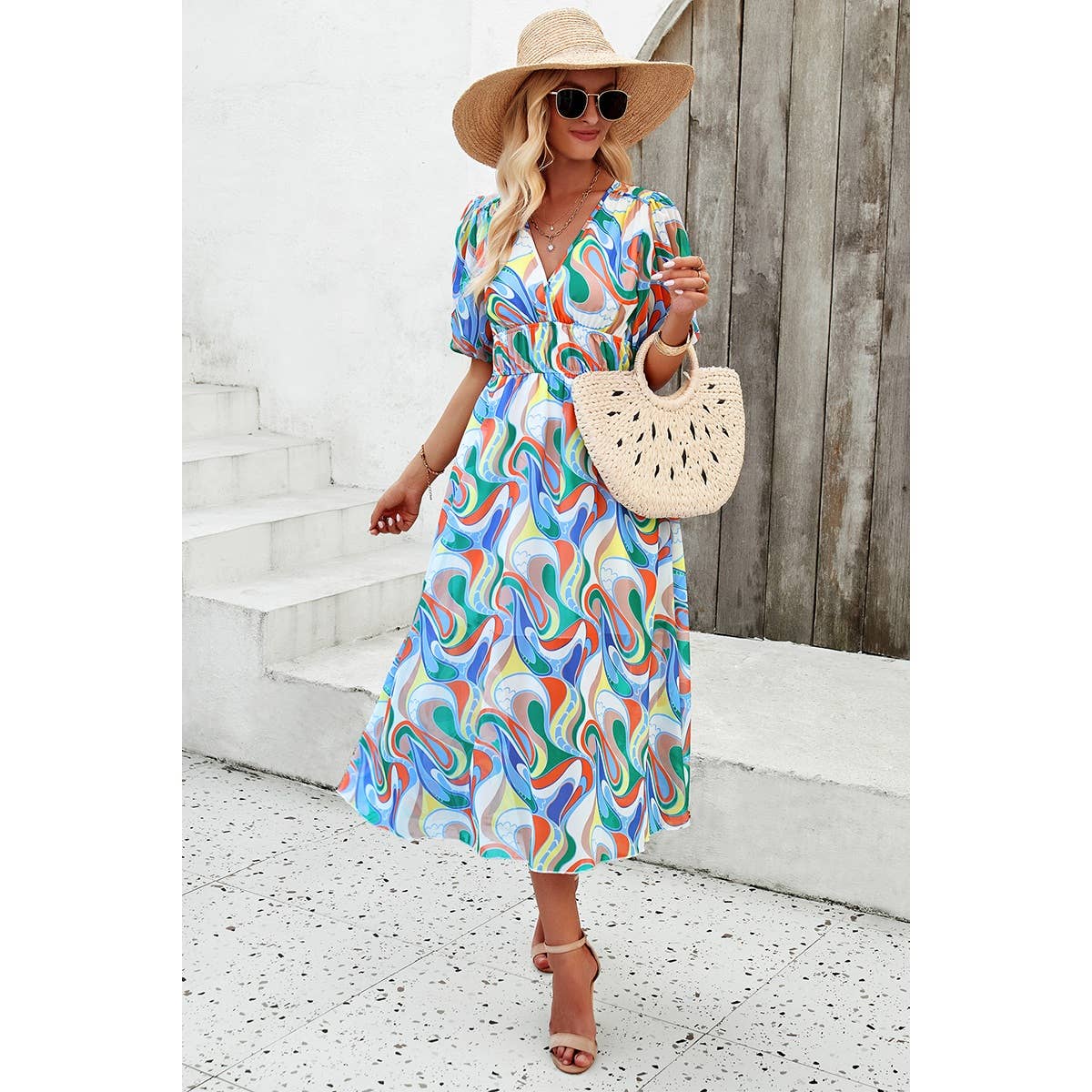 Allover Print V Neck Elastic Waist Lined Dress - MVTFASHION.COM