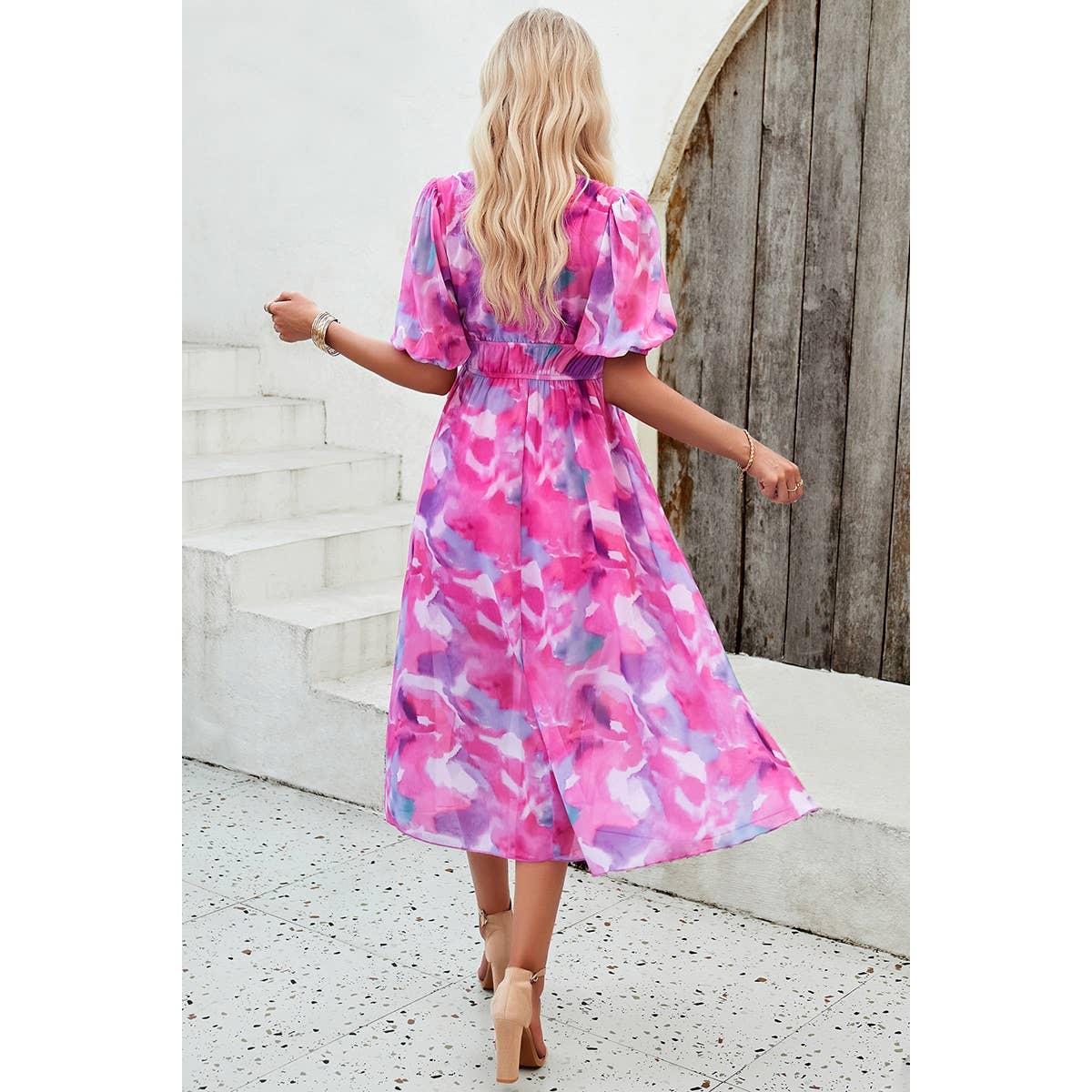 Allover Print V Neck Elastic Waist Lined Dress - MVTFASHION.COM