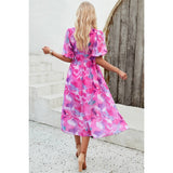 Allover Print V Neck Elastic Waist Lined Dress - MVTFASHION.COM