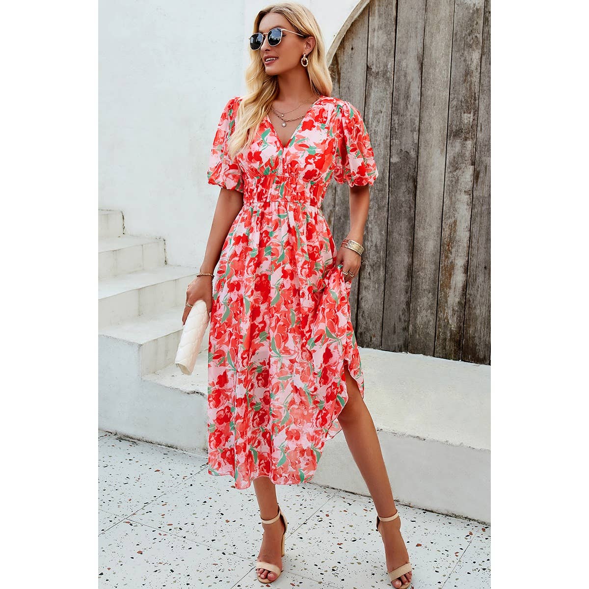 Allover Print V Neck Elastic Waist Lined Dress - MVTFASHION.COM