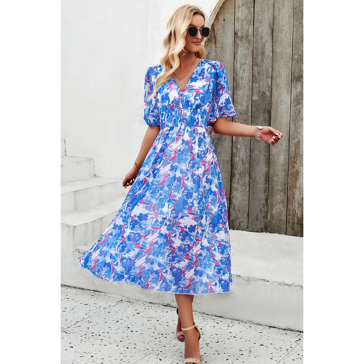 Allover Print V Neck Elastic Waist Lined Dress - MVTFASHION.COM