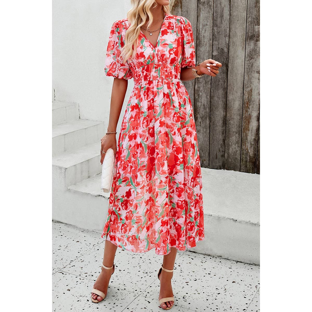 Allover Print V Neck Elastic Waist Lined Dress - MVTFASHION.COM