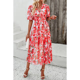 Allover Print V Neck Elastic Waist Lined Dress - MVTFASHION.COM