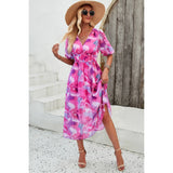 Allover Print V Neck Elastic Waist Lined Dress - MVTFASHION.COM