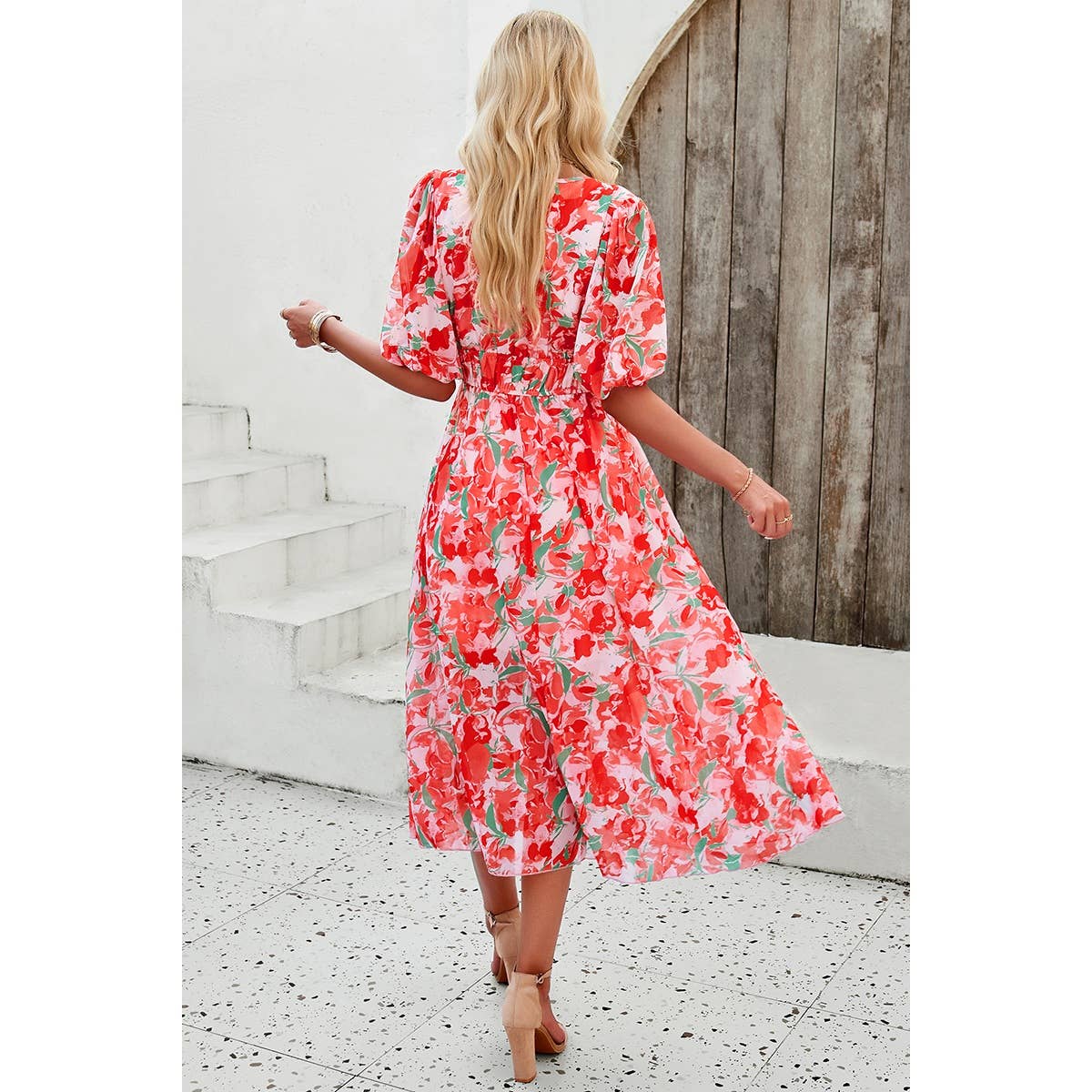 Allover Print V Neck Elastic Waist Lined Dress - MVTFASHION.COM