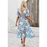 Allover Print V Neck Elastic Waist Lined Dress - MVTFASHION.COM