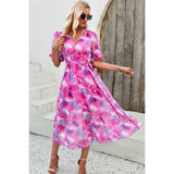 Allover Print V Neck Elastic Waist Lined Dress - MVTFASHION.COM