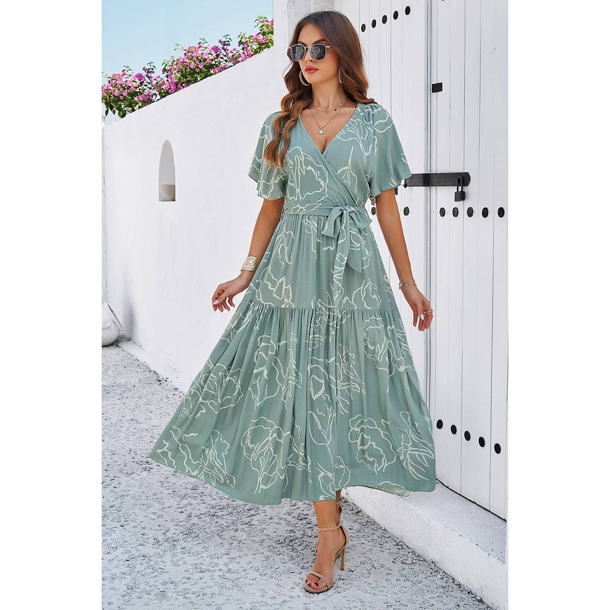 Allover Print V Neck Fit Belt A Line Long Dress - MVTFASHION.COM