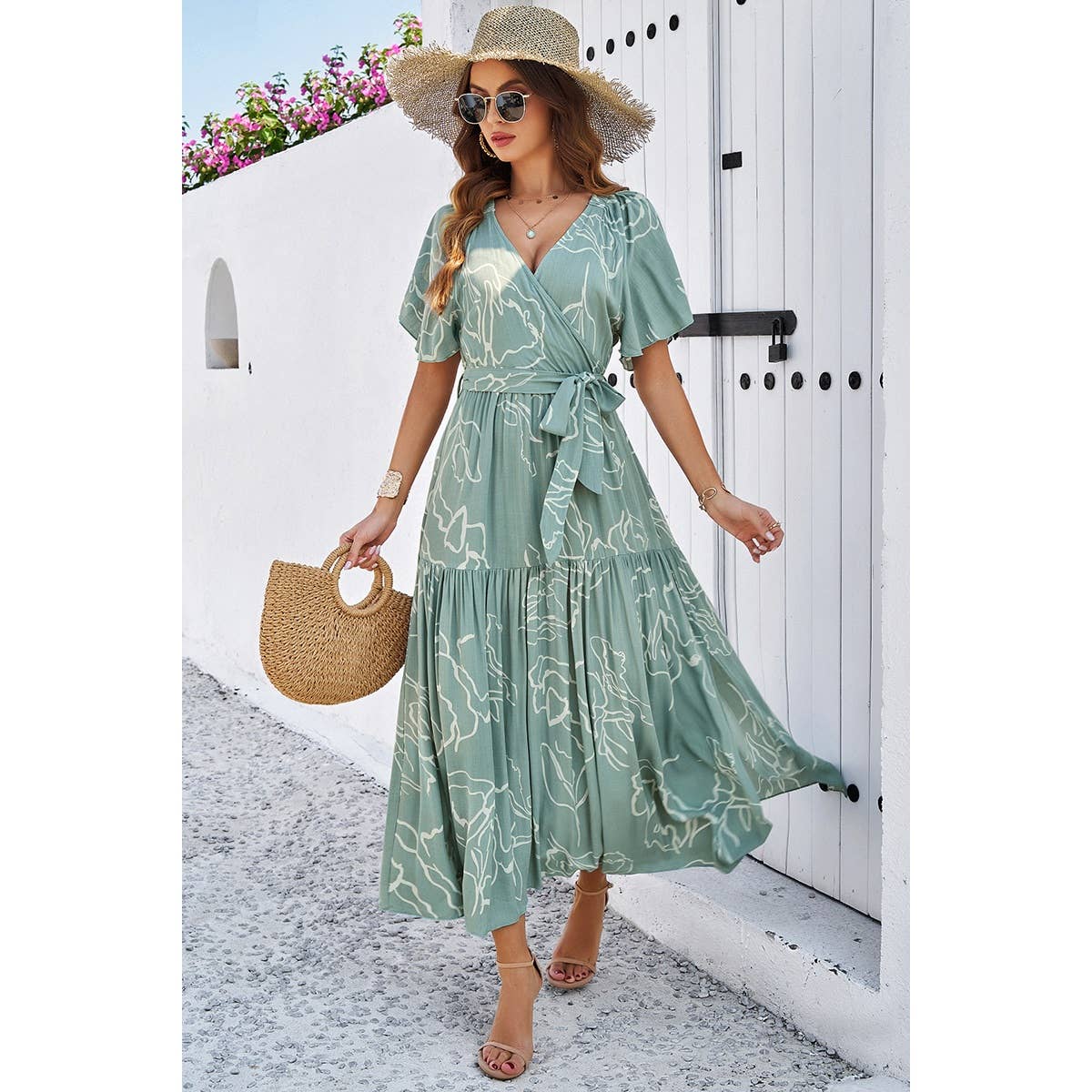 Allover Print V Neck Fit Belt A Line Long Dress - MVTFASHION.COM