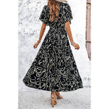 Allover Print V Neck Fit Belt A Line Long Dress - MVTFASHION.COM