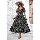 Allover Print V Neck Fit Belt A Line Long Dress - MVTFASHION.COM