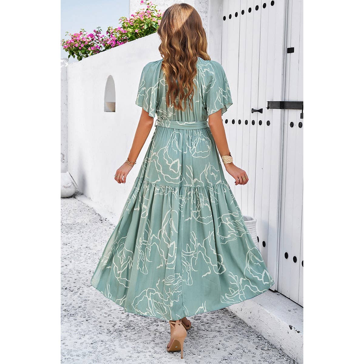 Allover Print V Neck Fit Belt A Line Long Dress - MVTFASHION.COM