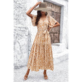 Allover Print V Neck Fit Belt A Line Long Dress - MVTFASHION.COM