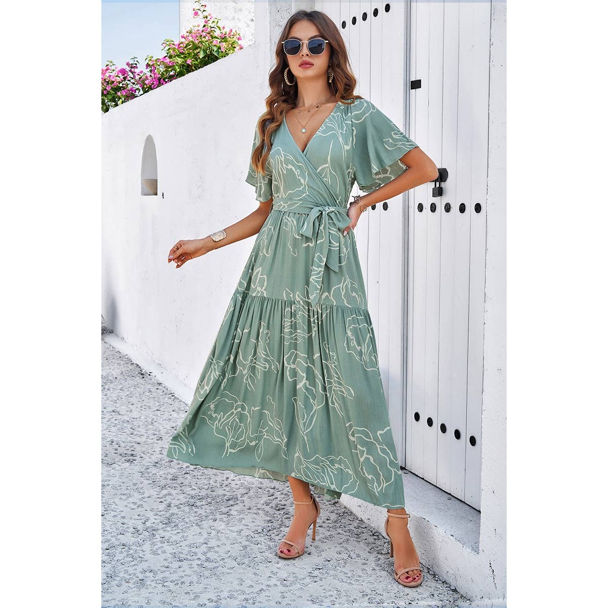 Allover Print V Neck Fit Belt A Line Long Dress - MVTFASHION.COM