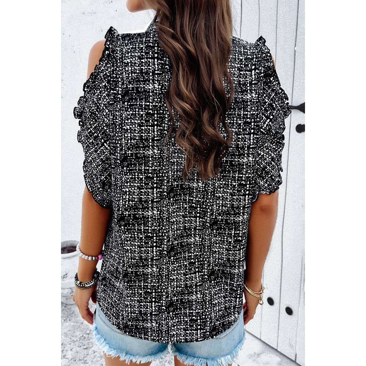 Allover Print V Neck Ruffle Open Sleeves Top - MVTFASHION.COM