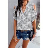 Allover Print V Neck Ruffle Open Sleeves Top - MVTFASHION.COM