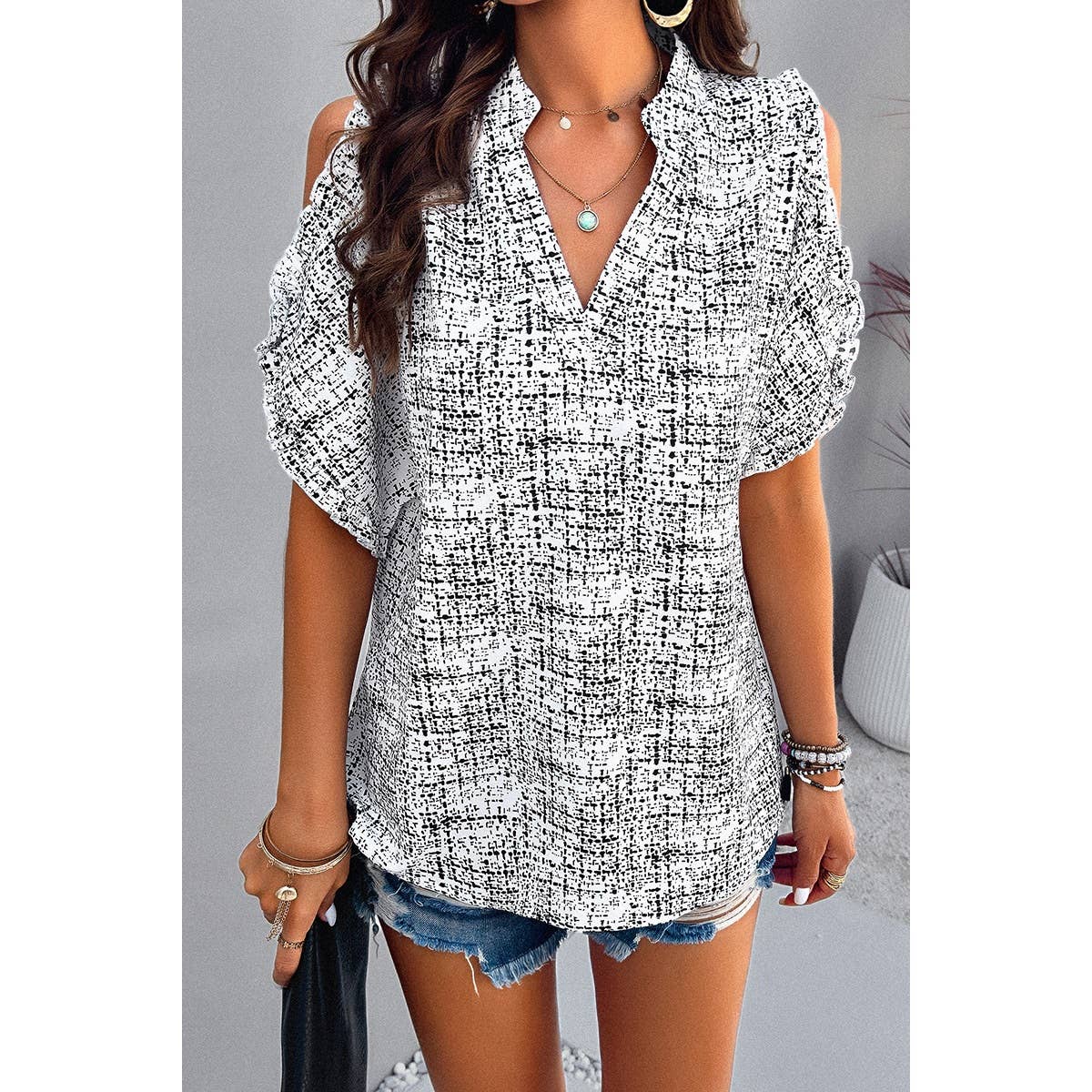 Allover Print V Neck Ruffle Open Sleeves Top - MVTFASHION.COM