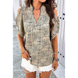 Allover Print V Neck Ruffle Open Sleeves Top - MVTFASHION.COM