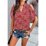 Allover Print V Neck Ruffle Open Sleeves Top - MVTFASHION.COM