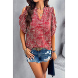 Allover Print V Neck Ruffle Open Sleeves Top - MVTFASHION.COM