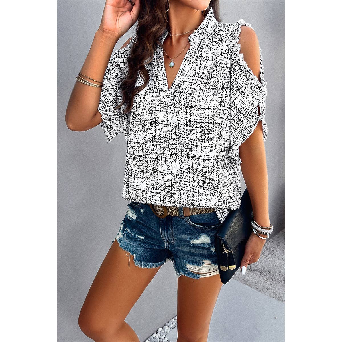 Allover Print V Neck Ruffle Open Sleeves Top - MVTFASHION.COM