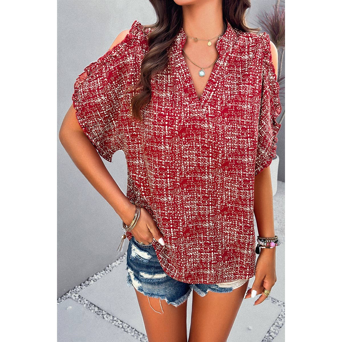 Allover Print V Neck Ruffle Open Sleeves Top - MVTFASHION.COM