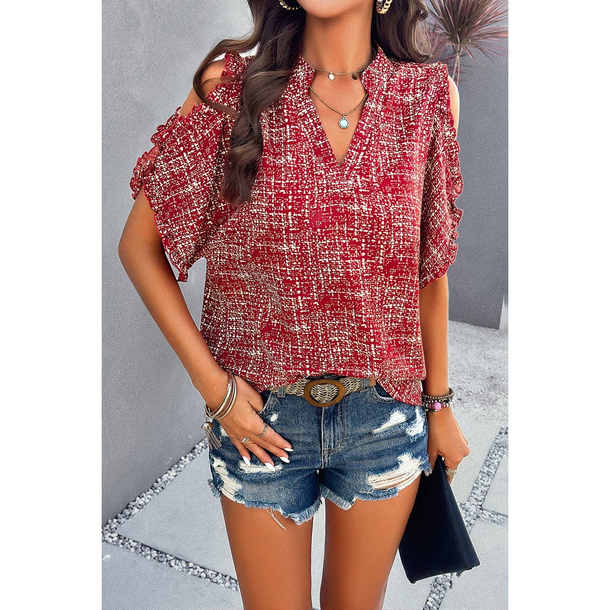 Allover Print V Neck Ruffle Open Sleeves Top - MVTFASHION.COM